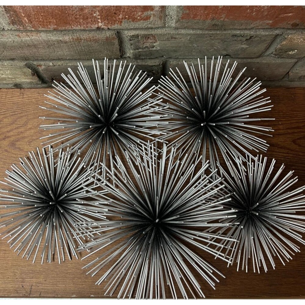 5 Vintage MCM Black Silver Metal Spike Atomic Era Sea Urchin Wall HANGING Décor